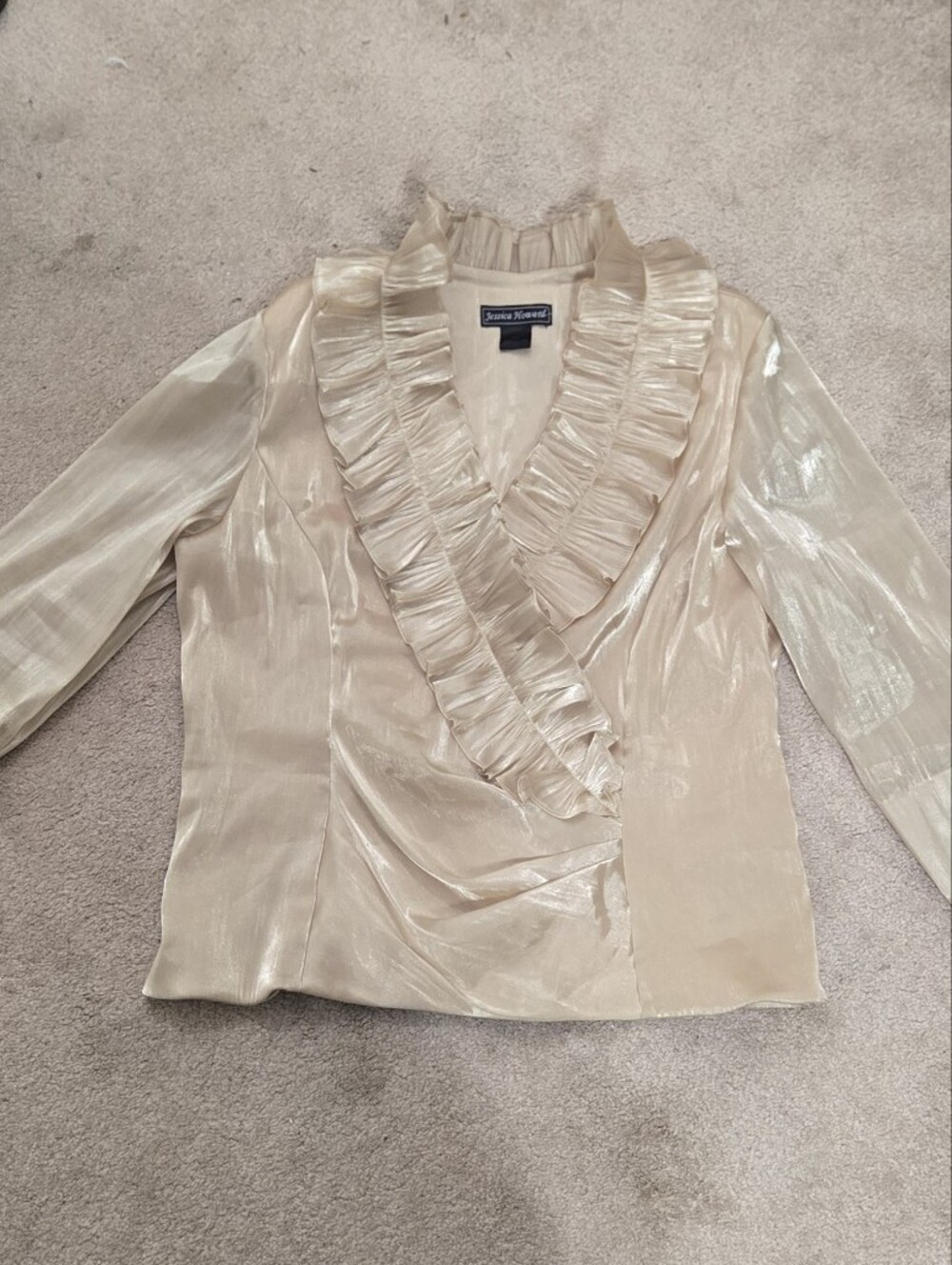 Elegant Ruffled V-Neck Long-Sleeve Top - Gold/Champagne